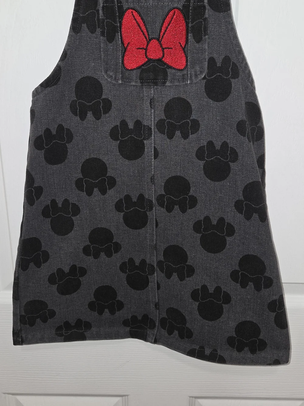 Disney Collection Minnie Mouse Gray Denim Jumper Dress Red Bows Size 6X SEE PICT